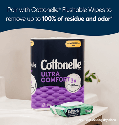 Pair of cottonelle flushable wipes and ultra comfort toilet paper